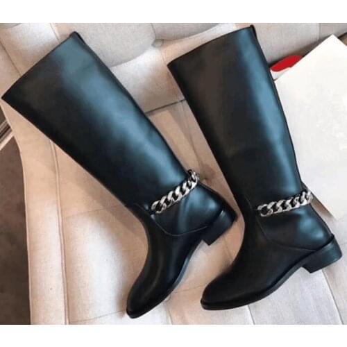 Black Real Leather Knee High Boots Women Round Toe Back Chain Knight Boots Woman Flat Fashion Ankle Boots Winter Big Size 42