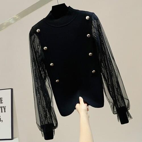 Mesh Lace Sleeve Sweater Womens Turtleneck Slim Fit All-Matching Knit Crop Top Ladies Jumper Shirt