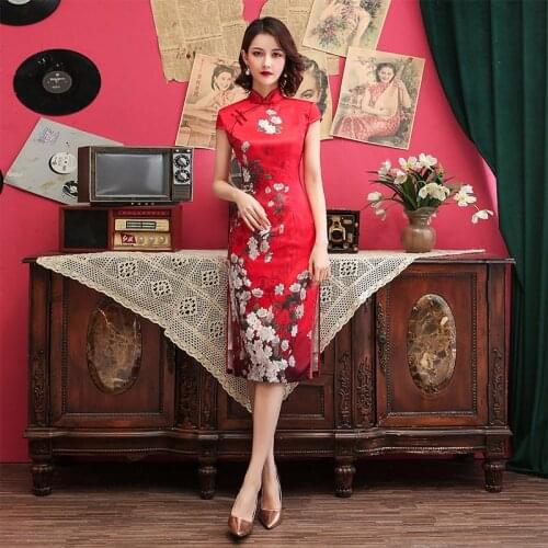 Silk Red Printed Cheongsam Elegant Summer Knee-Length Dress Old Shanghai Retro Chinese Style Qipao Evening Party Gown Платье