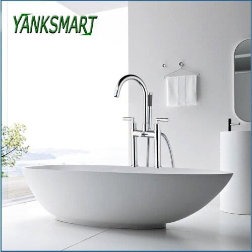 YANKSMART Chrome Polished Bathroom Shower Faucet Stand Mounted Bathtub Faucets With Hand Sprayer Taps Set Dual Handle Mixer Tap
