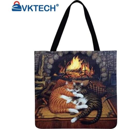 Cats by the Fire Printed Shoulder Shopping Bag Casual Ladies Large Capacity Tote Handbags