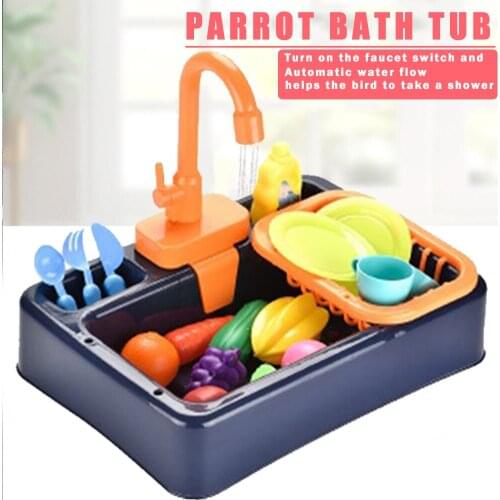 Bird Bathing Tub Swimming Pool with Faucet Bird Feeder Food Container Automatic Parrot Bath Shower Water Dispenser Parrot Toys
