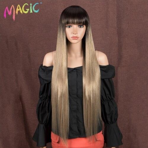 Magic 34inches Long Straight Wig With Bangs Synthetic Ombre Black Brown Wig For Black Women Heat Resistant Daily Use Fake Hair