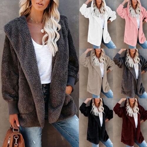 Knitted Jumper Womens Fashion Loose Solid Color Long Sleeve Hooded Warm Plush Casual Elegant Cardigan Coat Slim Sweater Girls