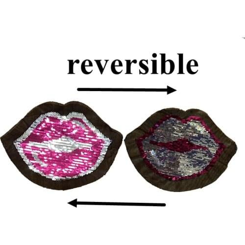 WUYUCONG 2020 New Reversible Sequins Pink Lips Patch for Clothes T-shirt Sew on Sequined Lips Embroidery Applique Sewing DIY 2pc
