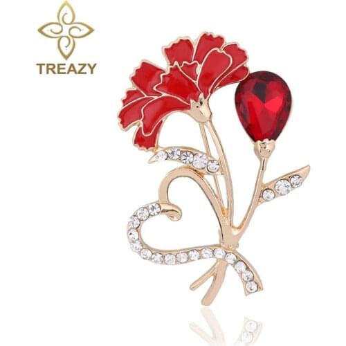 Elegant Heart Carnation Pin Brooch Bouquet Rhinestone Enamel Red Flower Brooches Pins For Women Wedding Dress Accessories Gift