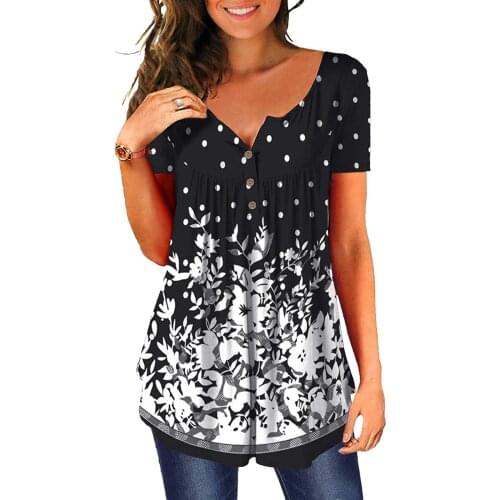 40#Blouses Women V-neck Floral Dot Printed Tunic Tops Buttons Short Sleeve Aesthetic Ropa Mujer Top Women Harajuku Shirts