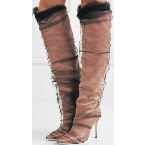 Spring New Women Khaki Red Solid Color Off-White 100 mm Stiletto Heel Slip On Pointed Toe Knee High Leather Long Tulle Boots