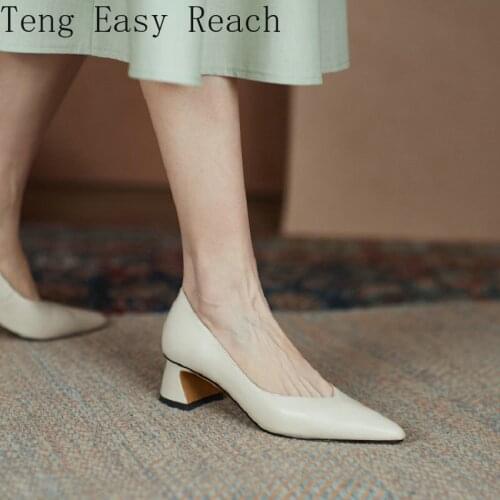 2021 New Genuine Natural Leather Pointed Toe Elegant Ladies Office Working Shoes Chunky High Heeled Shoes Woman Heels