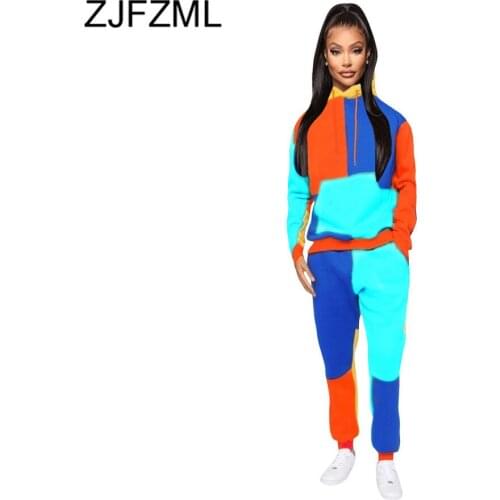 Contrast Color Patchwork Womens Tracksuit 2021 Hooded Long Sleeve Loose Sweatshirt & Sporting Jogger Pant Lounge Wear Sweatsuit