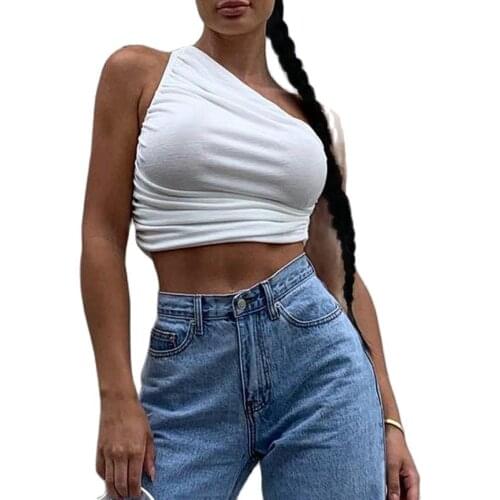 2021 Summer Woman Clothing Tops Sexy Blouse Solid Color Sleeveless Pleated One Shoulder Cami Crop Top Women