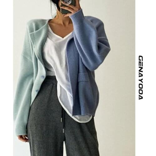 Genayooa Turn-down Collar Cardigan Women Sweater 2021 New Autumn Winter Patchwork Knitted Ladies Cardigans Korean Streetwear