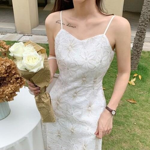 2021 Summer Fairy White Dress Women Sweet Date Spaghetti Strap Dress Korean Embroidery Long Dresses