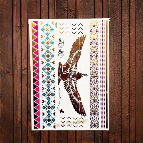 1PC Large Size Indian Eagle Totem Gold Flash Metallic Tattoo Sexy WOmen Body Art Arm Sleeve AYH-051 Fake Waterproof Henna Tattoo