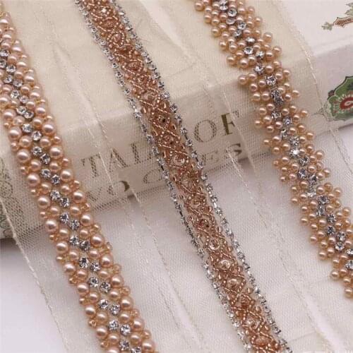 1 Yard Champagne Pearls Beaded Trims Tulle Netting Crystal Beaded Lace Trim for Jewelry Design, Dress Hem , Sash Belt, Costume