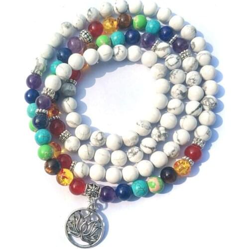 7-Chakra Meditation Bracelet Couples 108 Prayer Beads Mala Yoga Necklace Bracelet Natural Lava Stone Howlite Lotus Wrists Women
