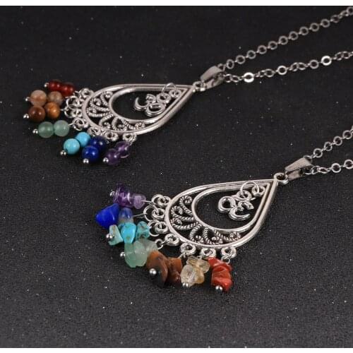 7 Chakra Natural Stone Water Drop Statement Pendant Necklace Men Women Ethnic Choker Silver Color O Chain BOHO Jewelry 2020