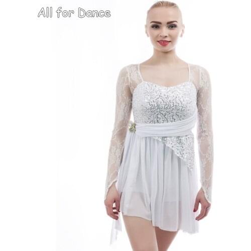 White Lace Long Sleeves Sequin Dance Wear For Girl/Women Stage Performance Skirt