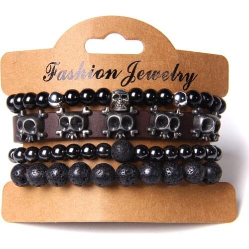 Men Handmade 4pcs/set Natural Lava Volcanic Stone Beads Punk Bracelet Antique Silver Color Skull Charm Bracelet Jewelry Male