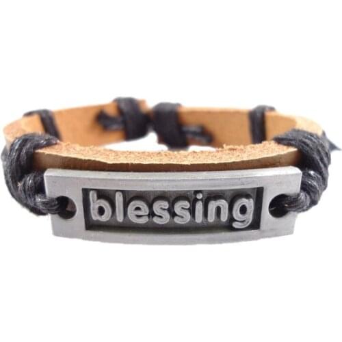 New blessing letters alloy charm handmade hemp rope genuine leather wrap belt Bracelets bangle jewelry women men