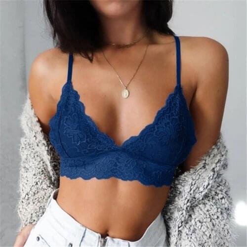 2021 Sexy Sling Lace Blue Elastic Basic Plus Size V-neck Bras Women Push Up Mesh Intimates Wireless Underwear Brallette Clothes