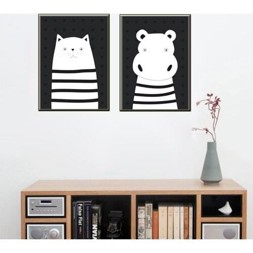 Black And White Cartoon animal Print Canvas Painting Cute Hippo Kitten Wall Art Pictures For Living Room Entrance Home Decor
