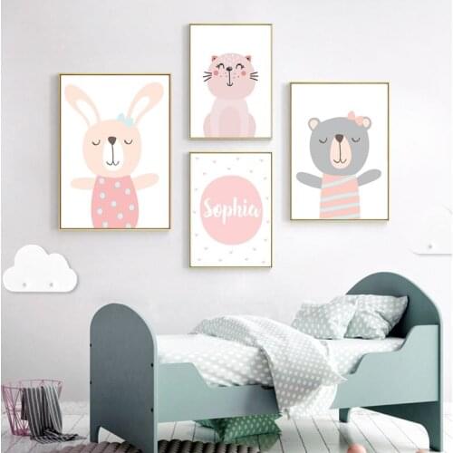 Nursery Wall Art Baby Animal Cat Rabbit Bear Canvas Poster Custom Name Print Painting Picture Picture Girls Nursery Decoration