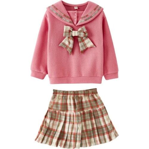 Kids girls' suits spring / autumn bow long-sleeved knit jacket + plaid skirts 2pcs sets of new large child sports suit