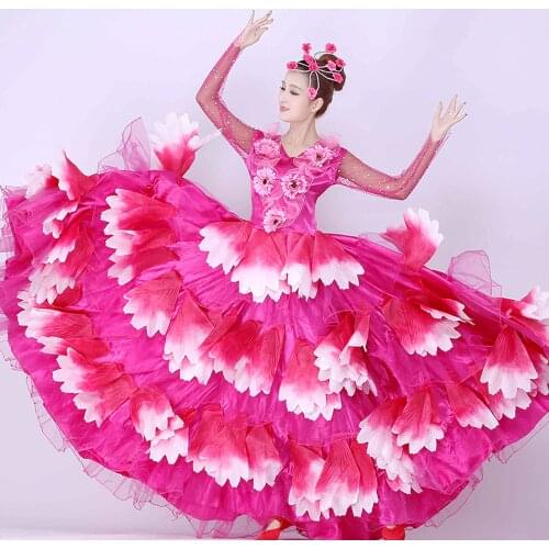 Flamenco Dress Spanish Dance Costume Ballroom Stage Bullfighting Costumes Petal Spanish Flamenco Chorus Dress 360 540 720 Degree