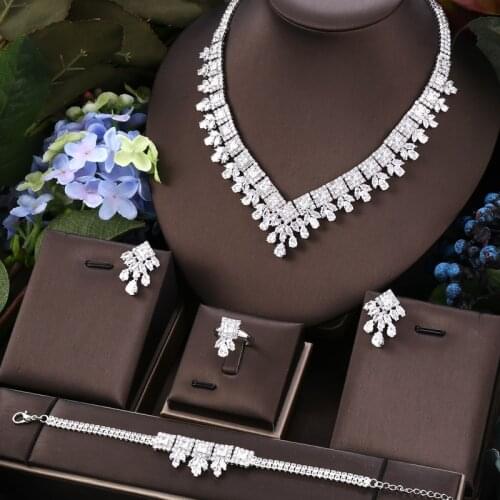 Janekelly 4pcs Bridal Zirconia Full Jewelry Sets For Women Party, Luxury Dubai Nigeria CZ Crystal Wedding Jewelry Sets