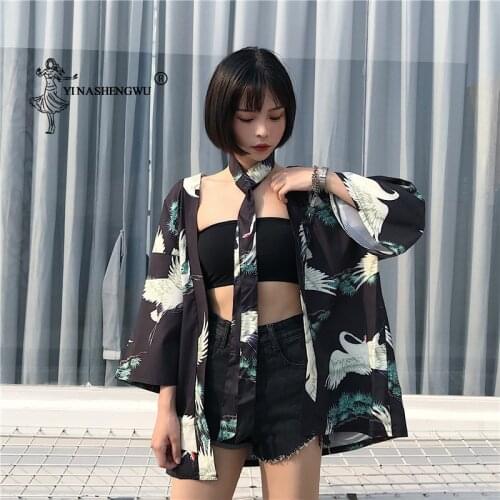 Kimono Cardigan Women Japanese Crane Print Shirts Yukata Women Asian Kimono Cosplay Costumes Summer Beach Casual Tops Coat