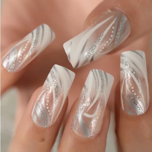 Square Shaped Acrylic False Nails Silver Shimmer Glitter Gradient White French Fake Nail Salon Full Cover Nail Art Tips