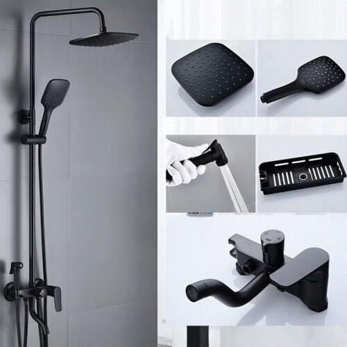 Matte Black Rainfall Shower Faucet Set 4 Mode Wall Mounted Bathtub Shower Mixer Faucet Round Head Bidet Spray Gun Storage Shelf