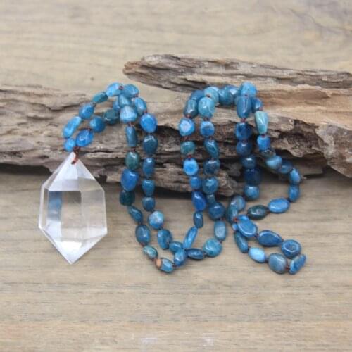 Natural Crystal Double Point Pendants Yoga Necklace Natural Blue Apatite Nugget Chip Beads Knotted Handmade Mala Jewelry,QC0120