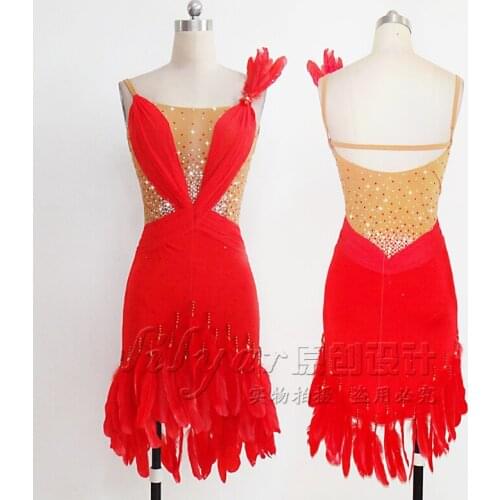 Latin Dance Competition Dress Performing Dress Red Feather Style, Slim and Hip-wrapped