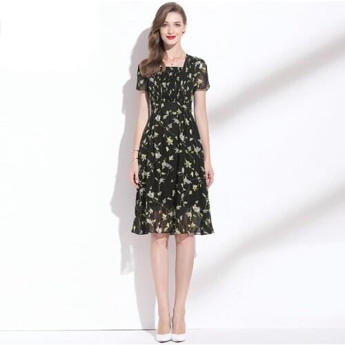 Floral Dress Summer Women 2021 New Style Square Collar Short Sleeved Slim A-Line Casual Chiffon Dress Knee Length M-XXL