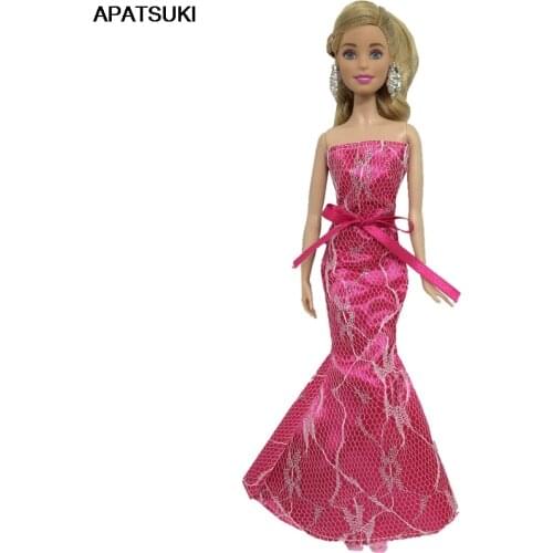 Pink High Fashion Mermaid Tail Doll Dress For Barbie Doll Clothes Evening Dresses One Shoulder Ruffles Party Gown 1/6