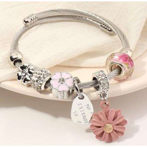 Pink Daisy Pendant Bracelet Men Adjustable Stainless Steel Bangles for Women Pan Clover Flower Charms Pulseras Beads DIY Jewelry