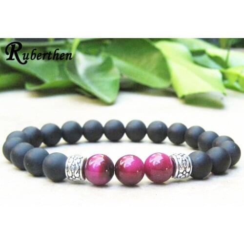 Ruberthen Tiger Eye Energy Stretch Bracelet Men`s Matte Black Onyx Bracelet Natural Gem stone Wrist Mala Bracelet