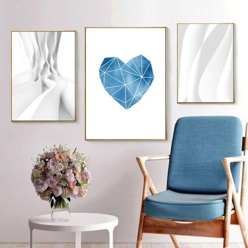 Spray Color Abstraction White Sculpture Blue Geometry Heart Canvas Painting Wall Frameless Picture Poster Living Room Decoration