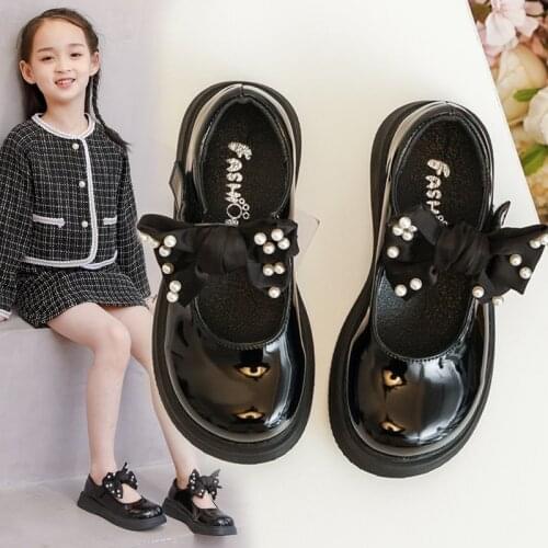 2021Childrens Shoe Girls Leather Shoes ForChildrenAutumn Princess Student DressShoesParty Fashion Pearl Bow 3 5 7 8 9 10 12Year