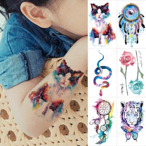 Waterproof Temporary Tattoo Cute Cat Tiger Snake Bird Rose Tatoo Sticker Butterfly Wind Chimes Body Art Hand Fake Tatto Men Kids