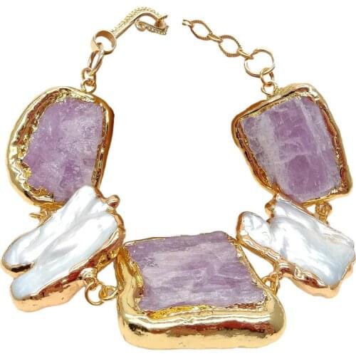 Y·YING Cultured White Keshi Pearl Pink Morganite Rough With Electroplated Edge Bracelet 8"