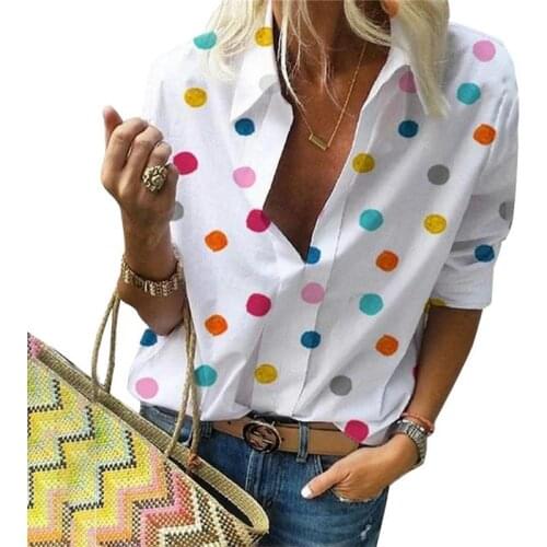 Women Plus size blouse Long Sleeve Dot printing Blouse Turn Down Collar Shirts Plus Size Streetwear White Clothes 5XL 2021