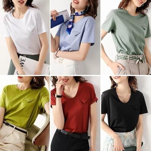 Korean Fashion Silk T Shirt Women Cotton White Top Female Short Sleeve T-shirts Elegant Summer 2021 Camisetas De Mujer Pph4180