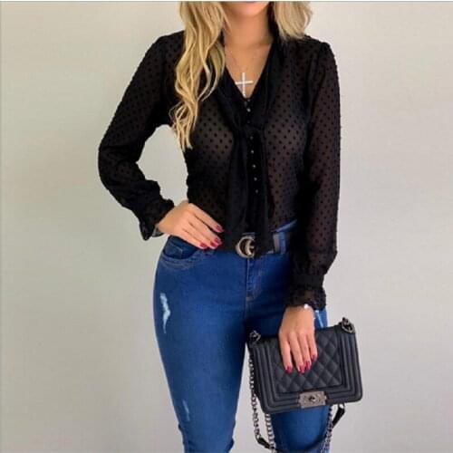 Meihuida Women Girls Sexy Translucent Dot Ruffles Front Pearl Button Tie Mesh Long Sleeve Shirts Office Lady Elegant Blouses