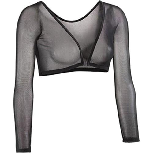 Women Anti-Cellulite Arm Shaper Crop Top Lady Compression Shoulder Slim Mesh Long Sleeves Bottoms Tops Short Section Perspective