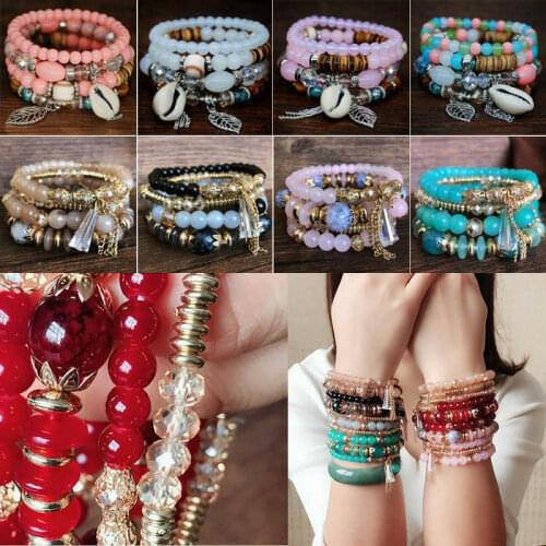 Bracelet Bangle Crystal Beaded Stone Boho Multilayer Jewelry Women 4Pcs