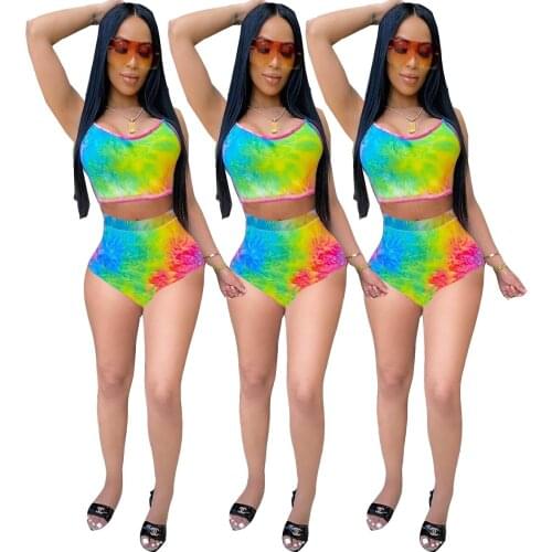 Echoine Women Tie Dye Print Sets Sheath Elastic Sleeveless Crop Tops Low Waist Shorts 2 Piece Set Female Casual Summer Beachwear