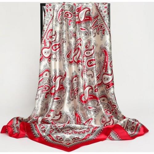 Women Hairband Bag Square Scarf Silk Satin Neckerchief Female 90*90cm Pasiley Muslim Head Scarves Hijab Shawl Wrap Bandana 2021